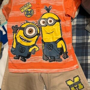 Orange Minion Graphic T-Shirt and Tan Shorts Set